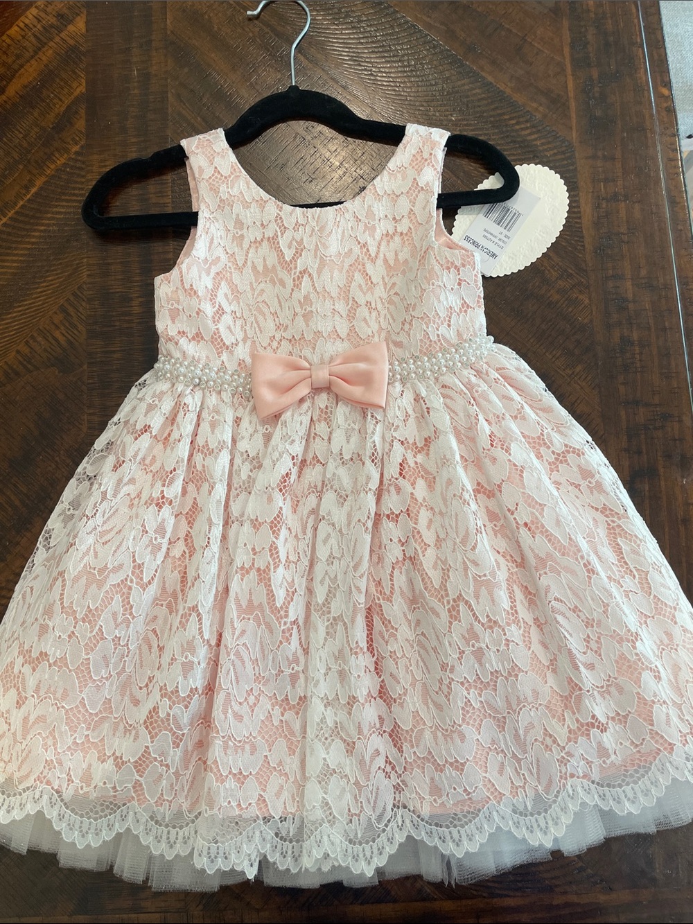 American Princess Pink and White Lace Pearl-Bow Party Dress